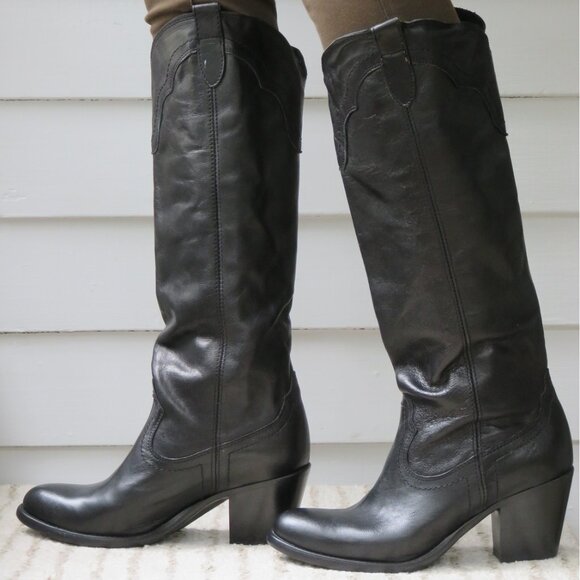 Frye Tabitha Tall Black Genuine Leather Knee High Equestrian Western Heeled Boot - Picture 4 of 13